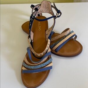 Aldo Blue and Tan Man-made Strappy Flat Sandals Size 7
